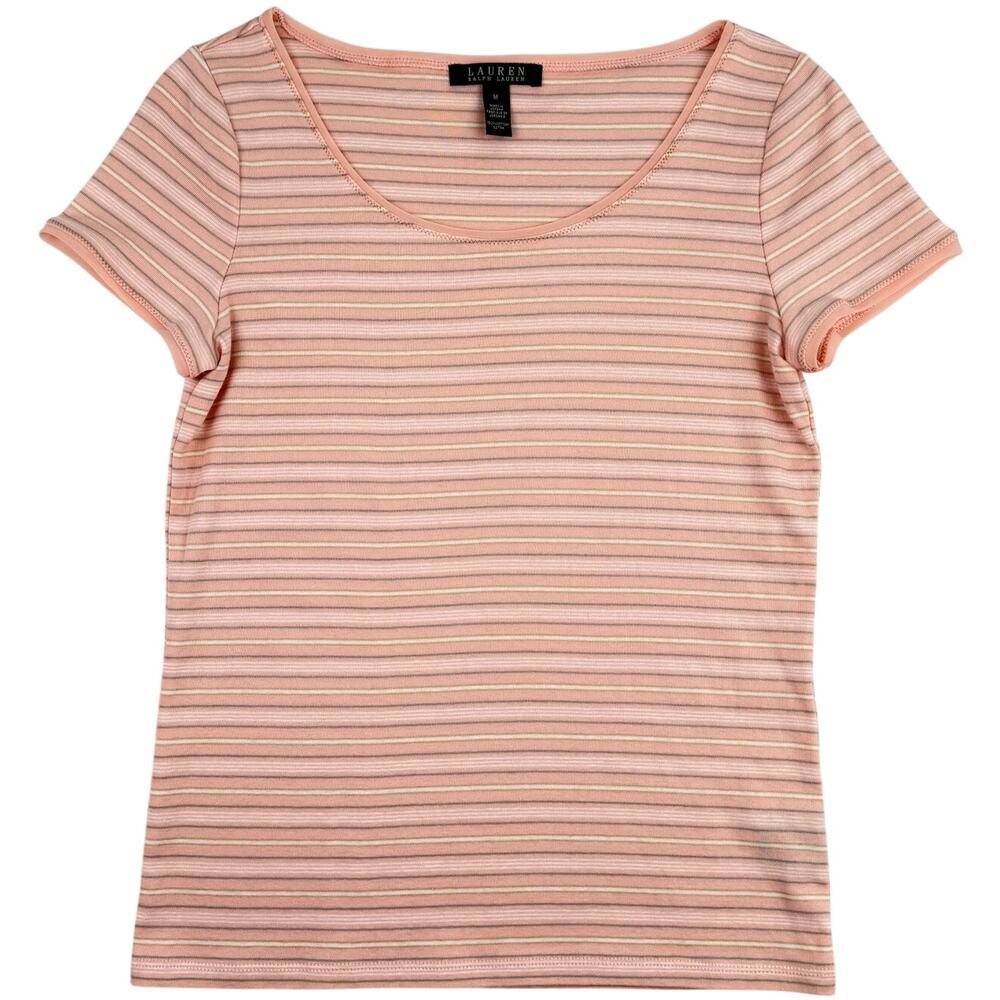 Lauren Ralph Lauren Striped Cotton T Shirt Pink Short Sleeve Women's M